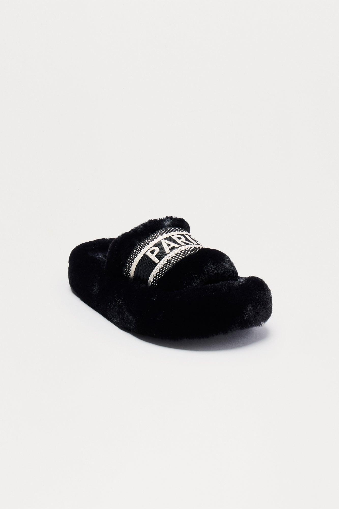 Witty Faux Fur Slippers - Black Female Product Image