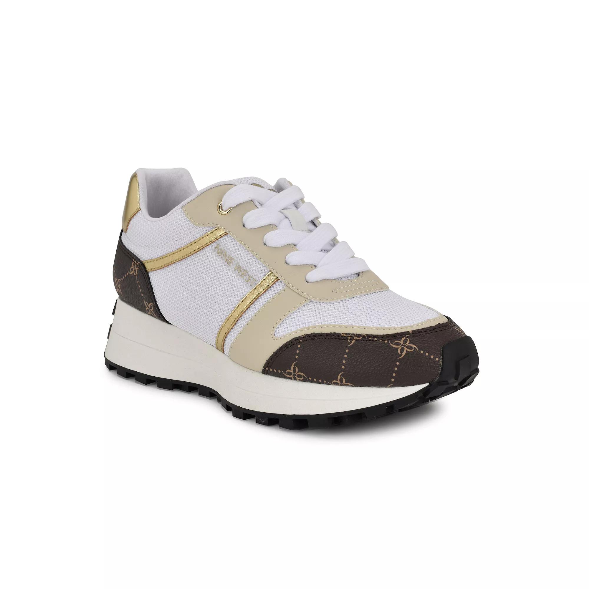 Nine West Vino Women's Casual Round Toe Lace-Up Sneakers, Size: 10, White Dark Brown Gold Product Image