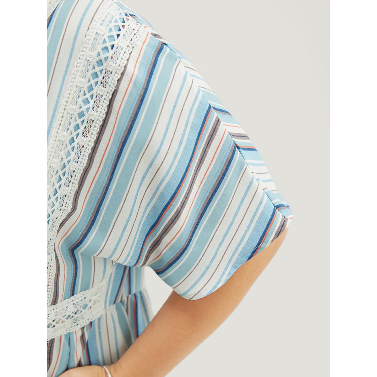 Plus Size Striped Contrast Pocket Lace Batwing Sleeve Midi Dress Blue Women Vacation Patchwork V-neck Short sleeve Curvy Midi Dress BloomChic 14-16/1X Product Image