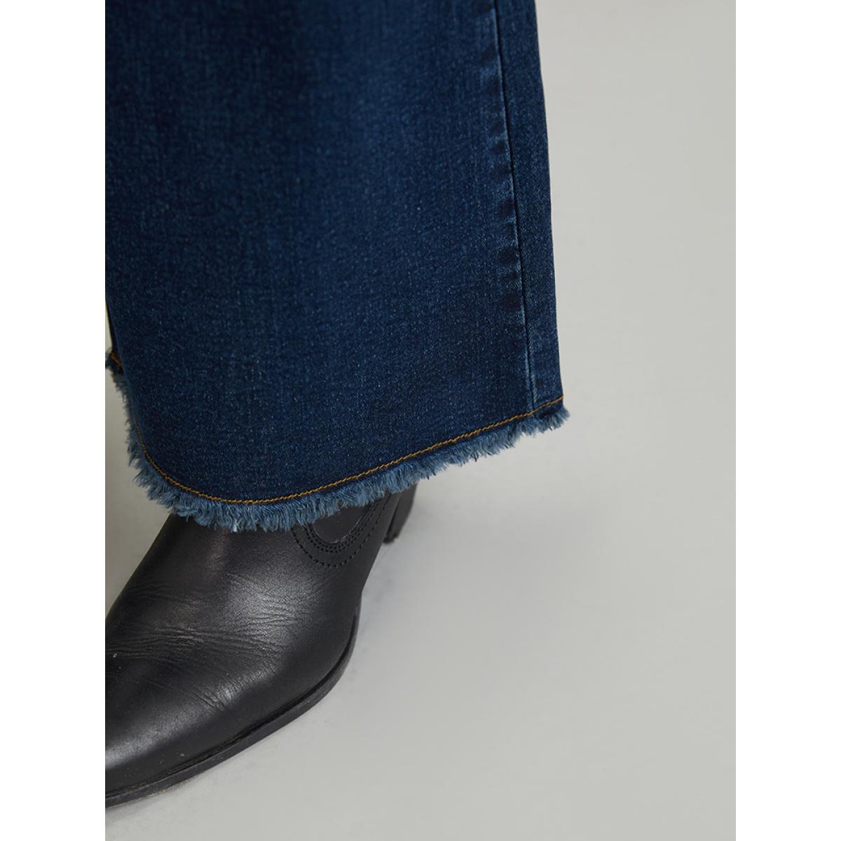 Plus Size Frayed Hem Flare Leg Button Down Jeans Women DarkBlue Casual Plain Plain High stretch Pocket Jeans BloomChic 14/1X Product Image