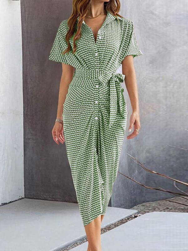 Bodycon Half Sleeves Buttoned Contrast Color Tied Waist Lapel Midi Dresses Product Image