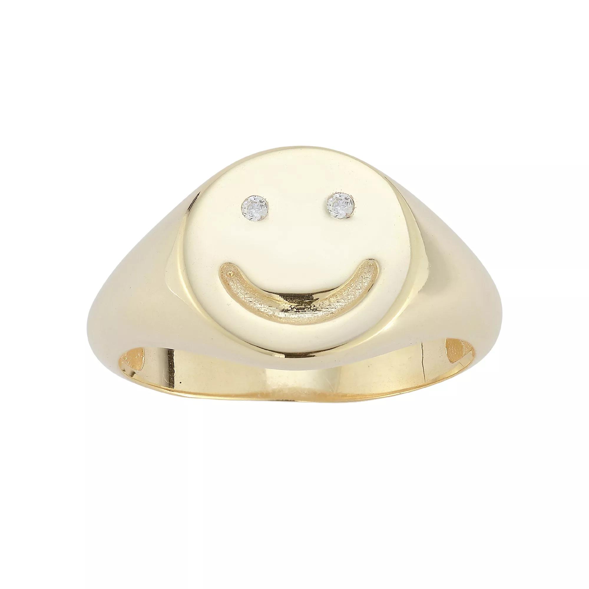 Sunkissed Sterling Sterling Silver Cubic Zirconia Smiley Face Signet Ring, Women's, Size: 8, Gold Tone Product Image