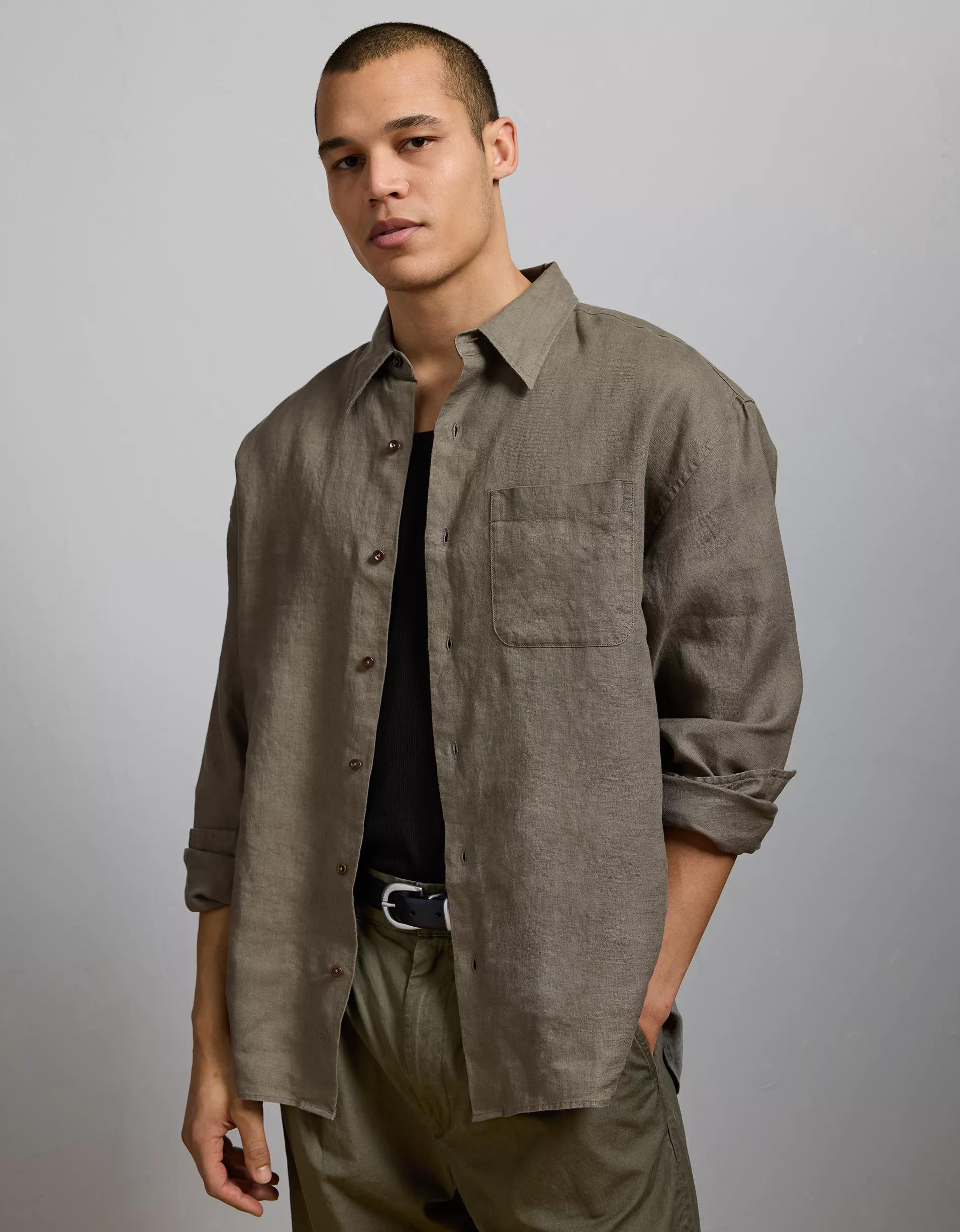 AE77 Premium Relaxed Linen Button-Up Shirt Product Image