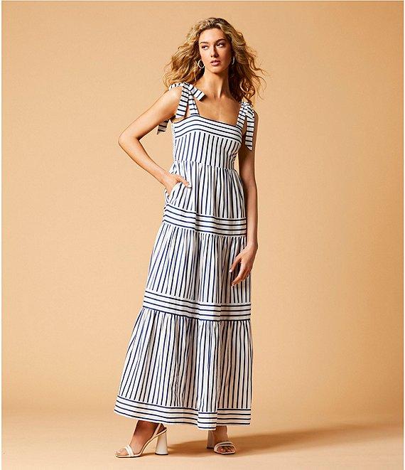 A Loves A Stripe Print Square Neck Tie Strap Tiered A-Line Flounce Maxi Dress Product Image