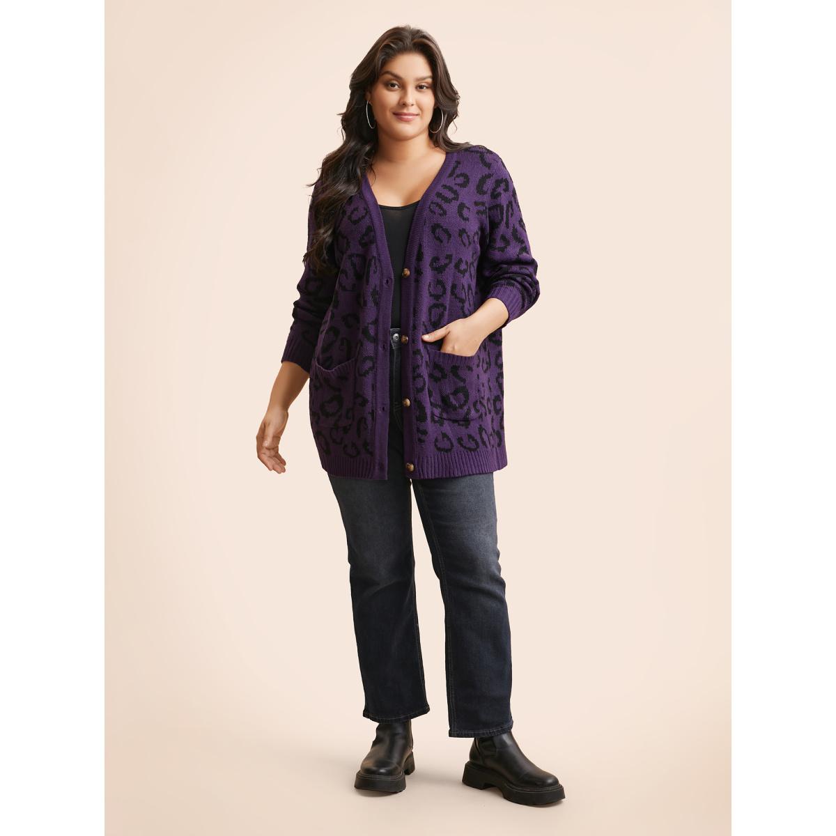 Plus Size Leopard Print Patched Pocket Cardigan Eggplant Women Casual Loose Long Sleeve Everyday Cardigans BloomChic 14-16/1X Product Image