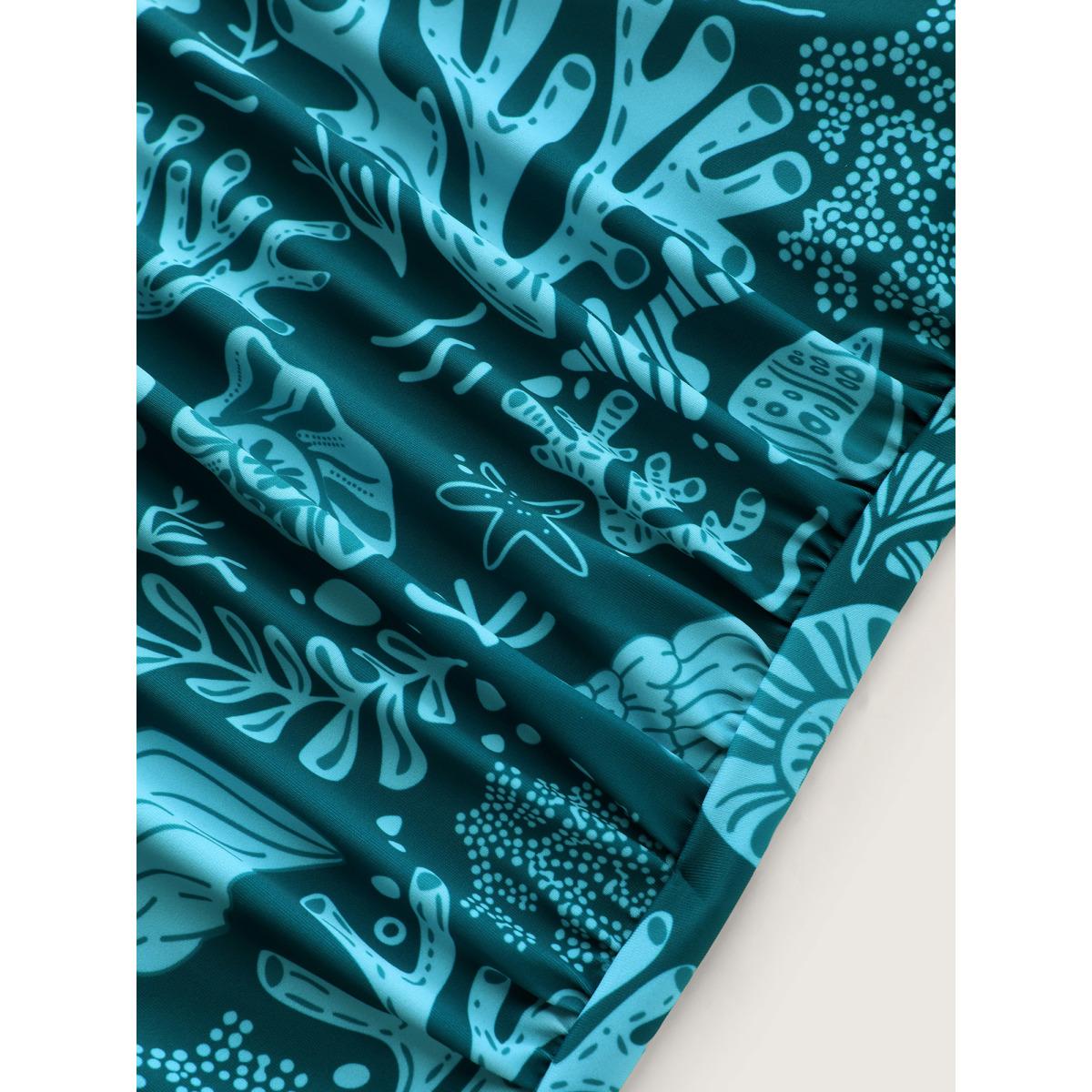 Plus Size Ocean Pattern Twist Front One-Piece Jumpsuit Women's Swimwear Cyan Resort Twist Curve Bathing Suits High stretch One Pieces BloomChic 14-16/1X Product Image