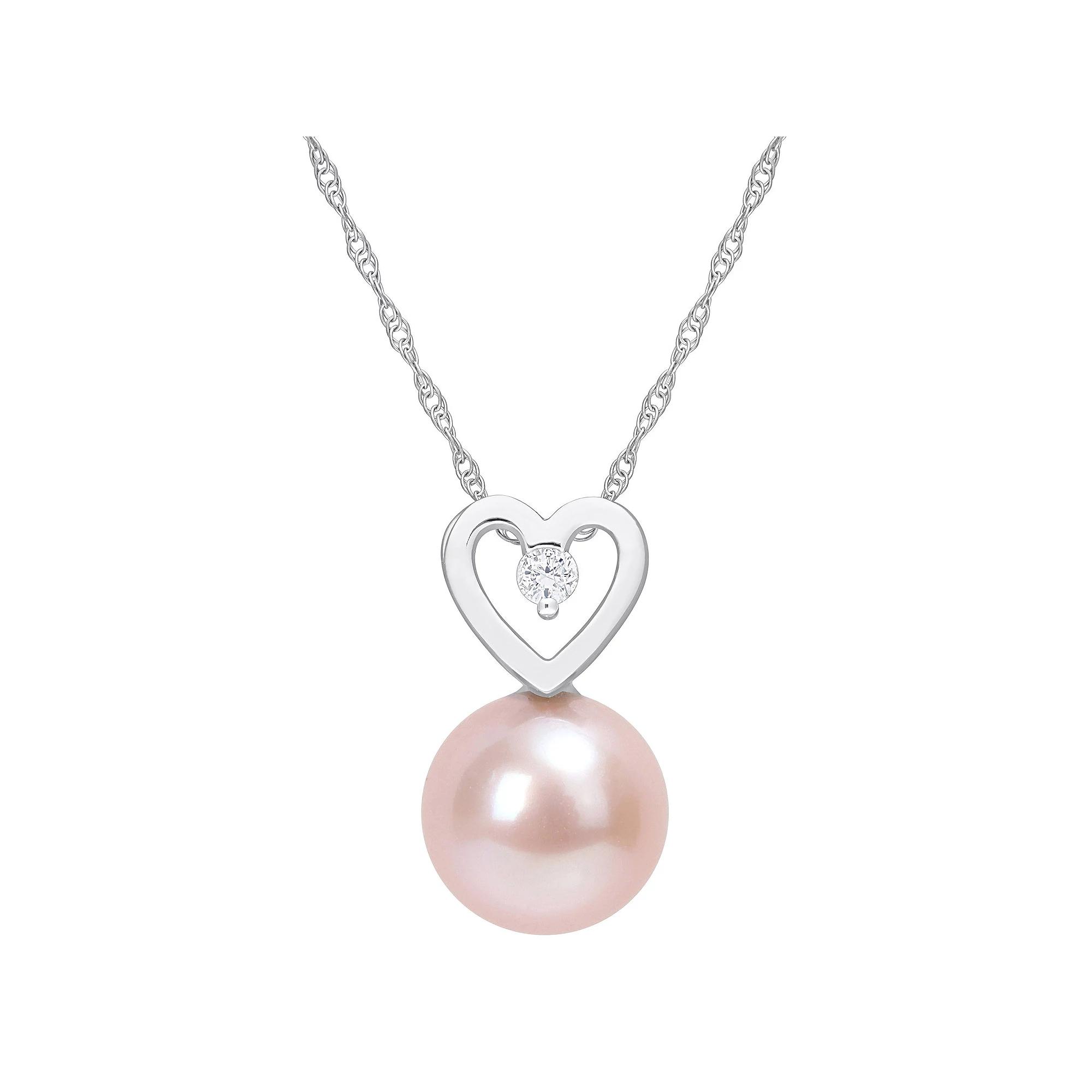 Stella Grace 10k White Gold Dyed Pink Freshwater Cultured Pearl & Diamond Accent Heart Drop Necklace, Women's, Size: 17" Product Image