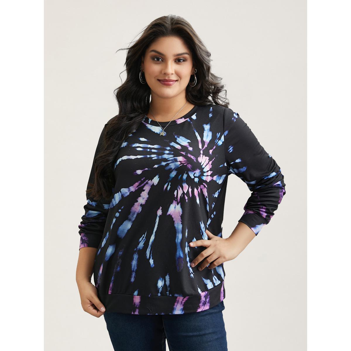 Plus Size Tie-Dye Stretchy Crew Neck Sweatshirt Women Black Casual Contrast Round Neck Everyday Sweatshirts BloomChic 14-16/1X Product Image