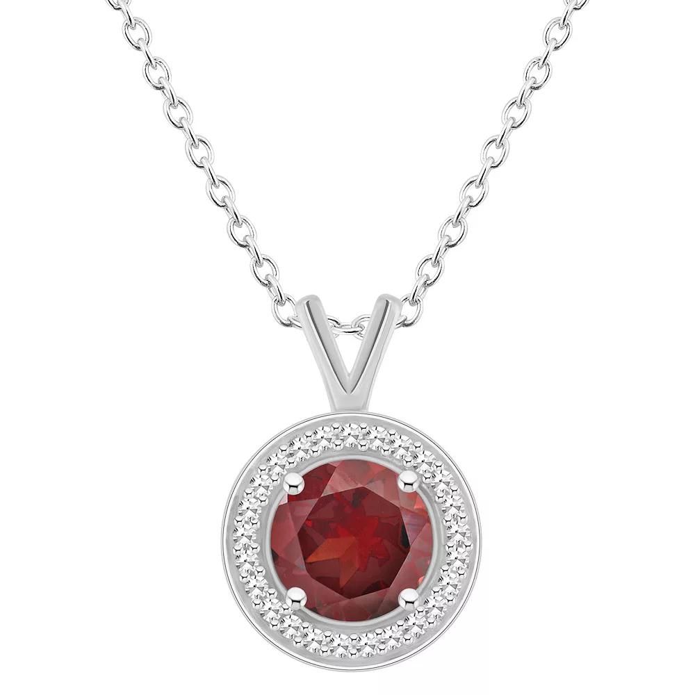 Celebration Gems Sterling Silver Round Gemstone & 1/8 Carat T.W. Diamond Halo Pendant Necklace, Women's, Size: 18", Red Product Image