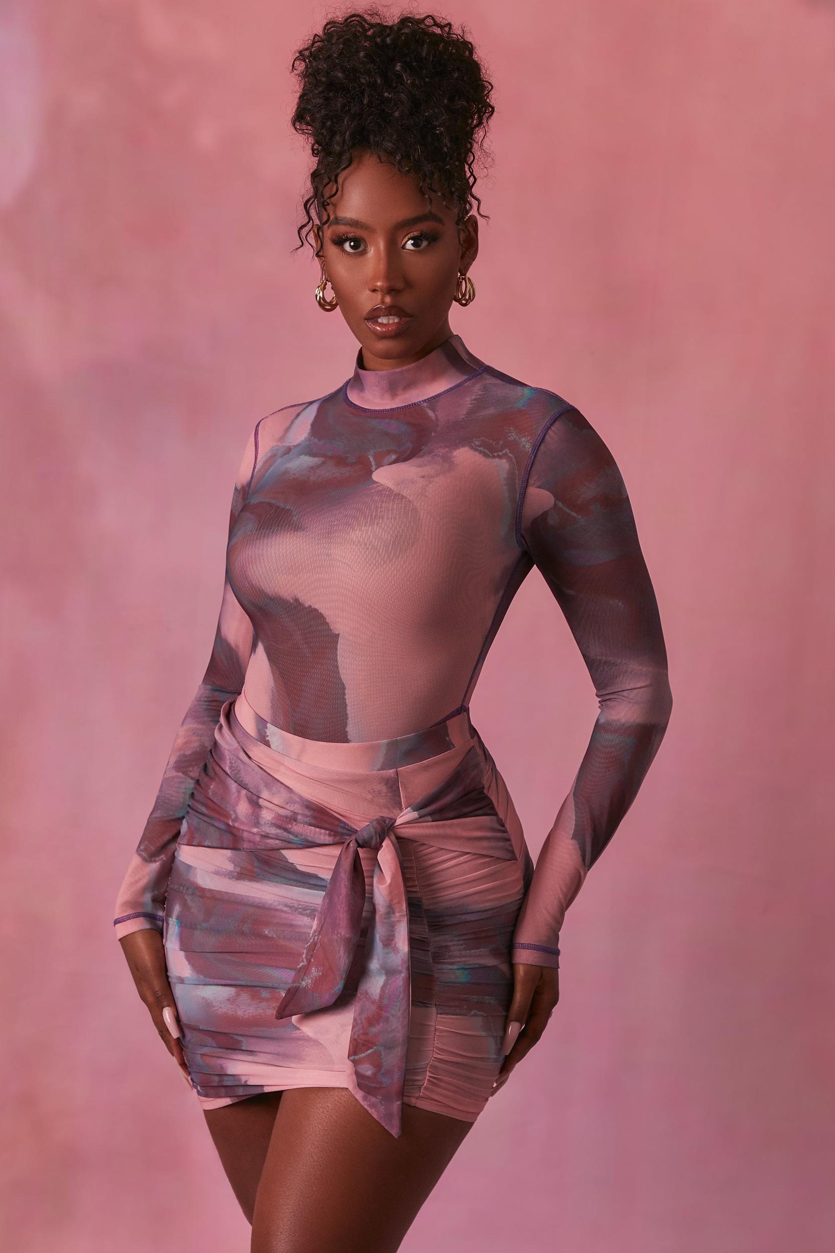 High Neck Long Sleeve Mesh Bodysuit in Blush Product Image