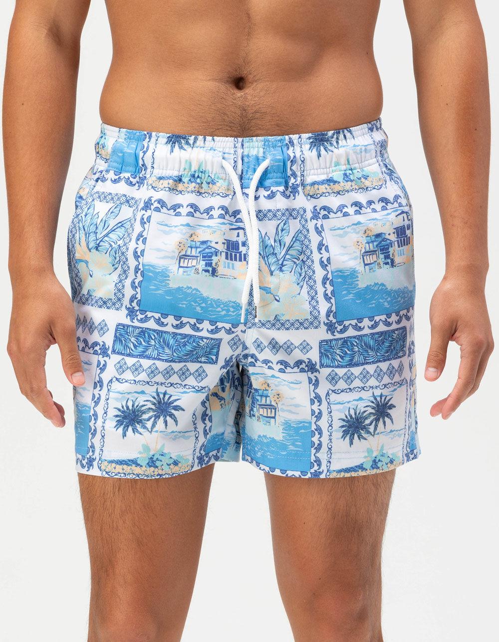 RSQ Mens Vacation Scene Swim Shorts - BLUE/WHITE Product Image