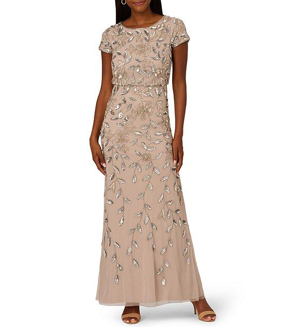 Adrianna Papell Beaded Mesh Crew Neck Short Sleeve Blouson Long Dress Product Image