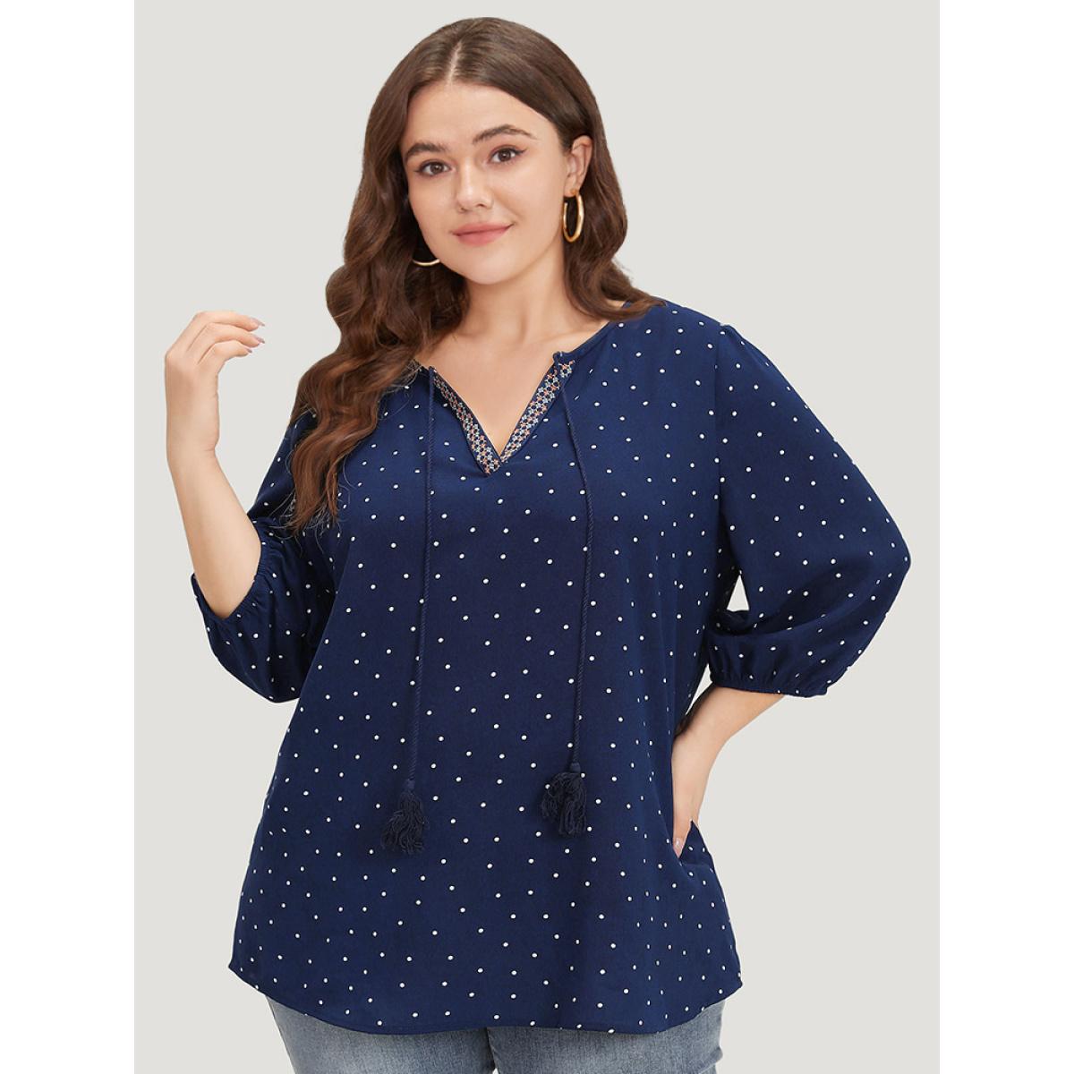 Plus Size Indigo Polka Dot Tassels Ties Elastic Cuffs Blouse Women Vacation Elbow-length sleeve V-neck Vacation Blouses BloomChic 30/6X Product Image