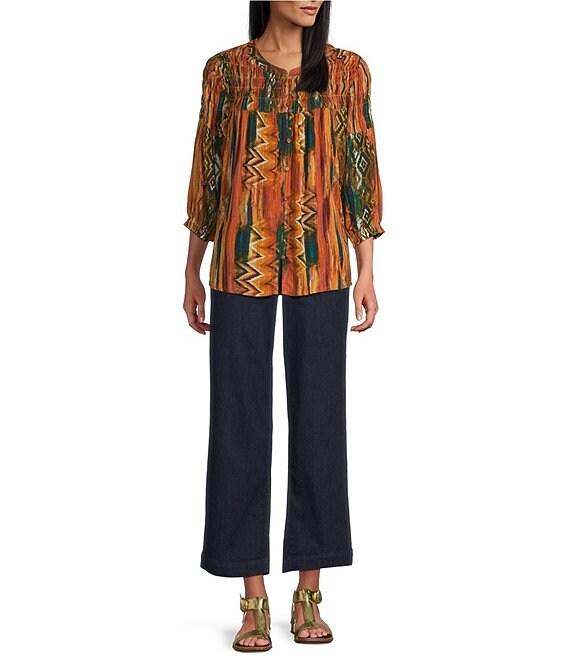 Intro Petite Size Crinkle Gauze Ikat Print Crew Neck 3/4 Sleeve Smocked Detail Button-Front Blouse Product Image