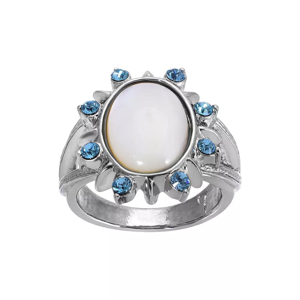 1928 Silver Tone Mother Of Pearl and Aqua Stone Ring, Womens, White Product Image