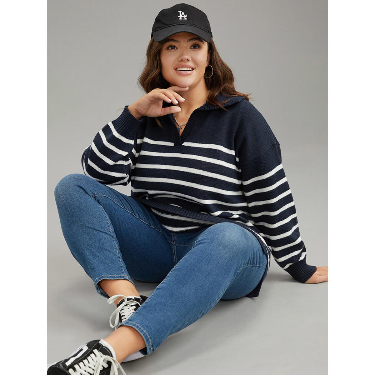Plus Size Polo Striped Print Split Side Pullover Midnight Women Casual Loose Long Sleeve Polo Dailywear Pullovers BloomChic 12/L Product Image