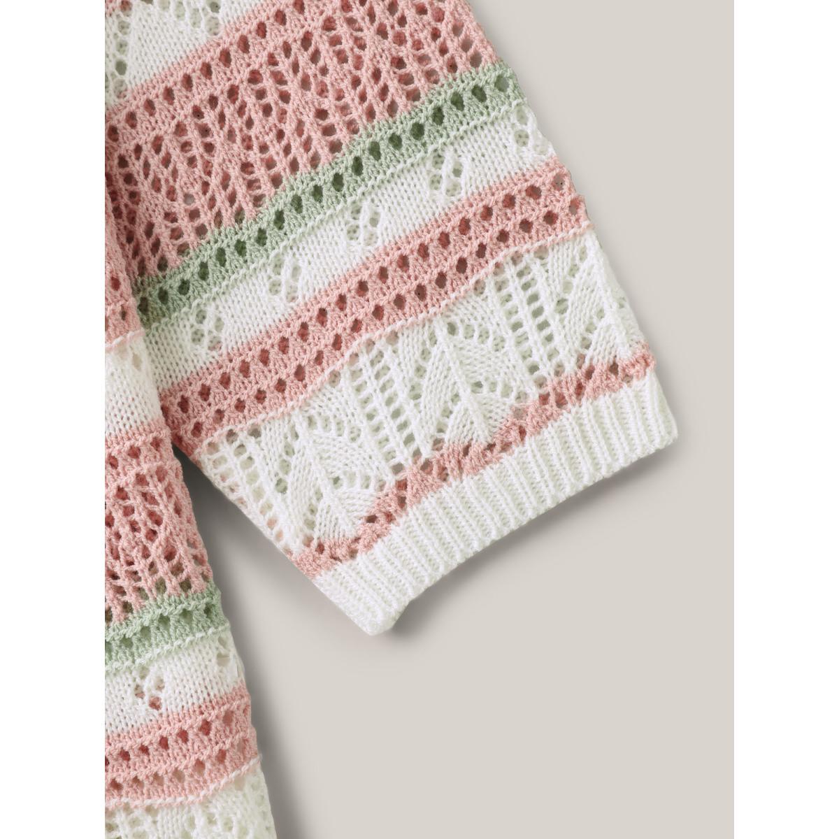 Plus Size Color Block Cut-Out Ribbed Pullover Ivory Women Casual Loose Long Sleeve Round Neck Everyday-Casual Pullovers BloomChic 12/L Product Image