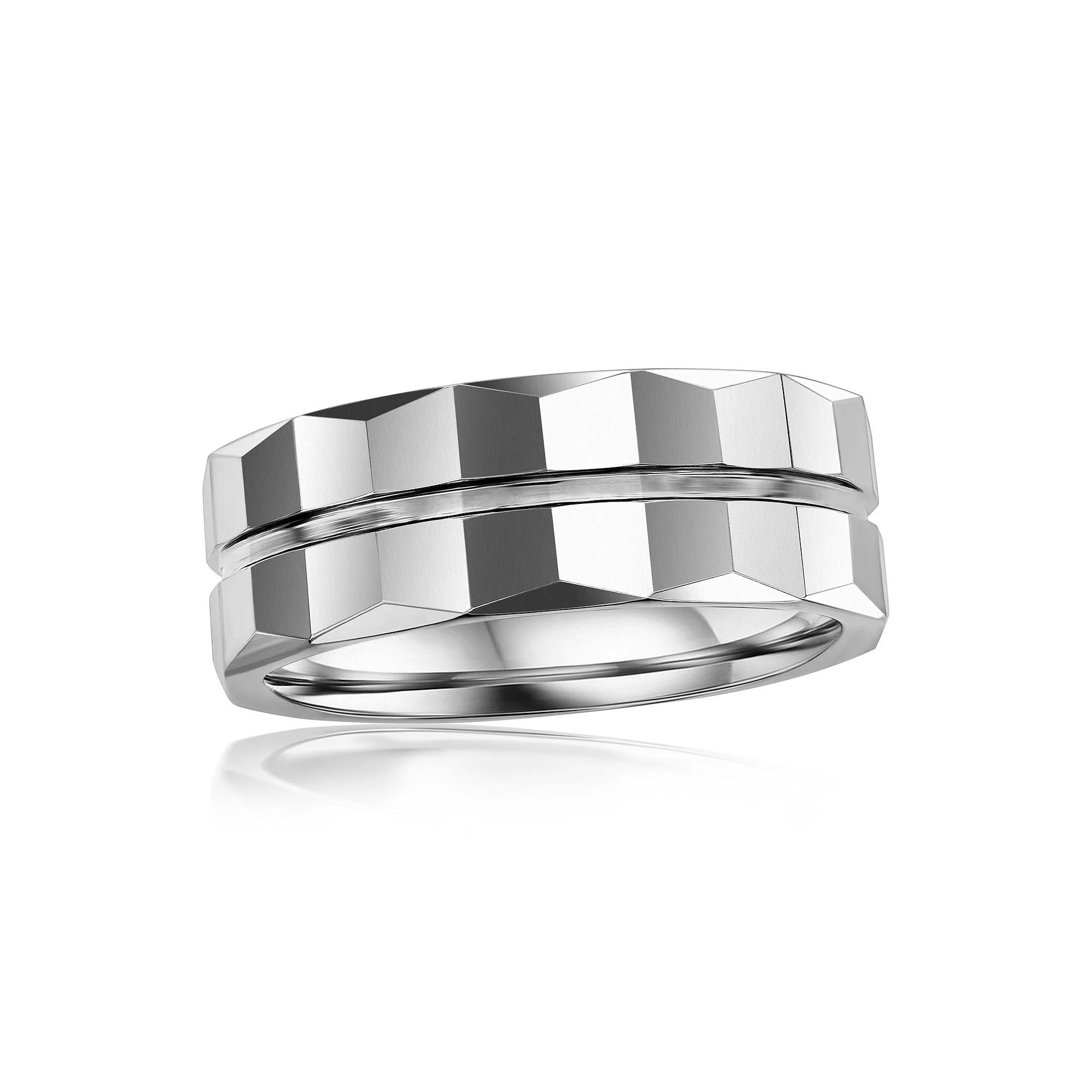 Metallo Polished Lined Faceted Tungsten Ring, Men's, Size: 13 Product Image