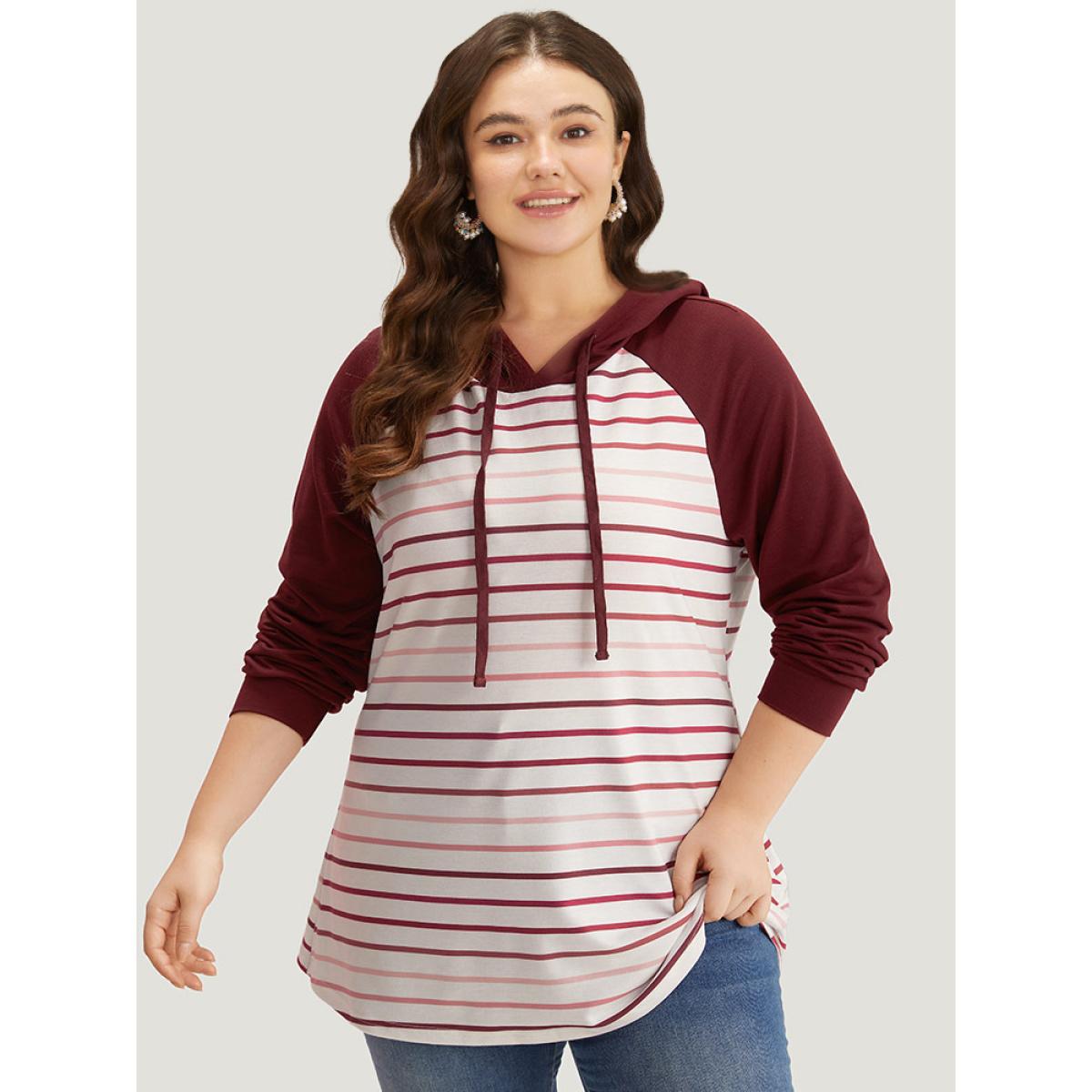 Plus Size Striped Patchwork Contrast Hooded Raglan Sleeve Sweatshirt Women Multicolor Casual Elastic cuffs Hooded Dailywear Sweatshirts BloomChic 10/M Product Image
