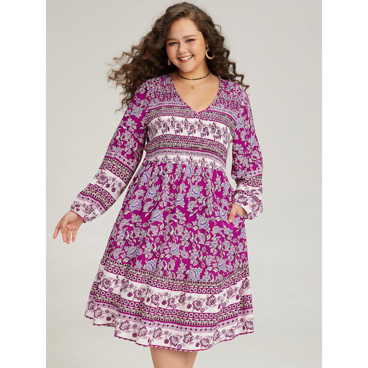 Plus Size Bandana Print Pocket V Neck Shirred Dress Purple Women Vacation Elastic cuffs V-neck Long Sleeve Curvy Midi Dress BloomChic 14-16/1X Product Image