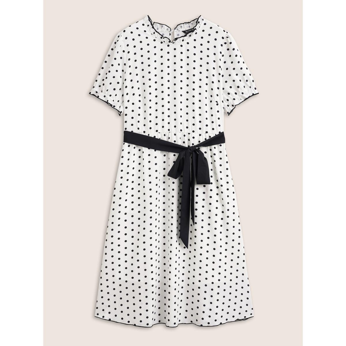 Plus Size Bow Polka Dot Midi Dress Originalwhite Women Elegant Belted Mock Neck Short sleeve Curvy BloomChic 26/4X Product Image