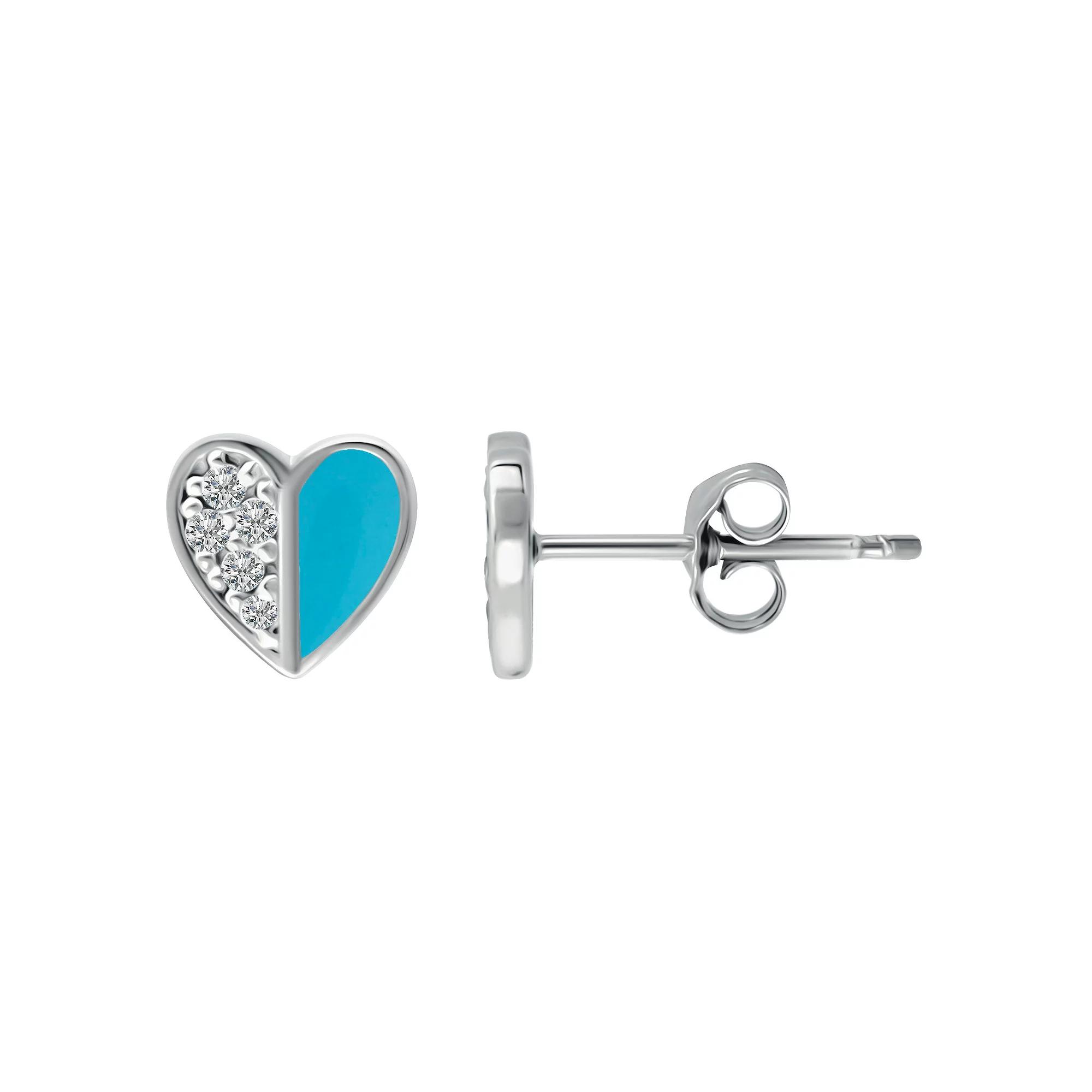Aleure Precioso Sterling Silver Enamel & Cubic Zirconia Heart Stud Earrings, Women's, Light Blue Product Image