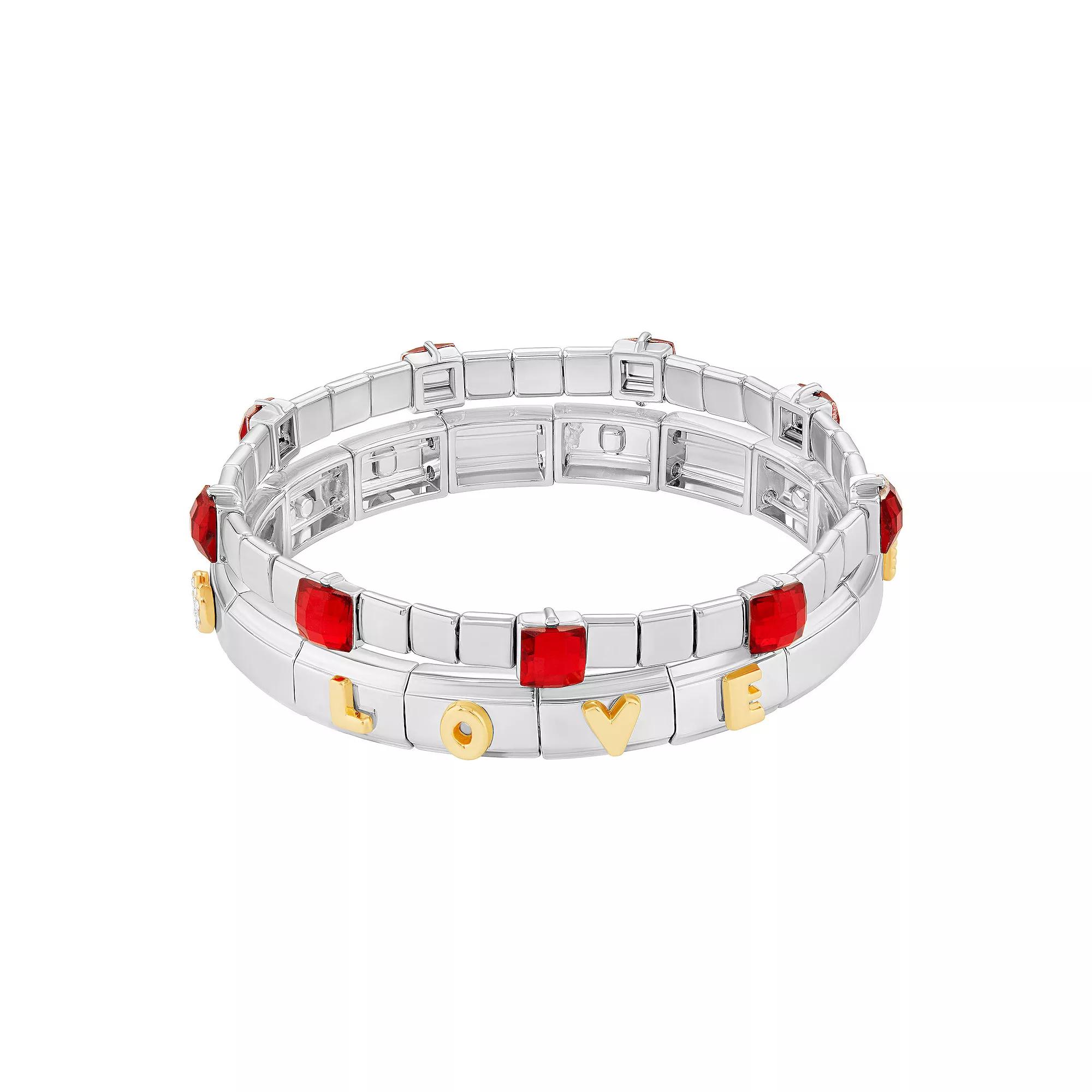 Brilliance Two Tone Red Glass Stone Double Stretch Bracelet Duo Set, Women's, Silver Tone Team Product Image