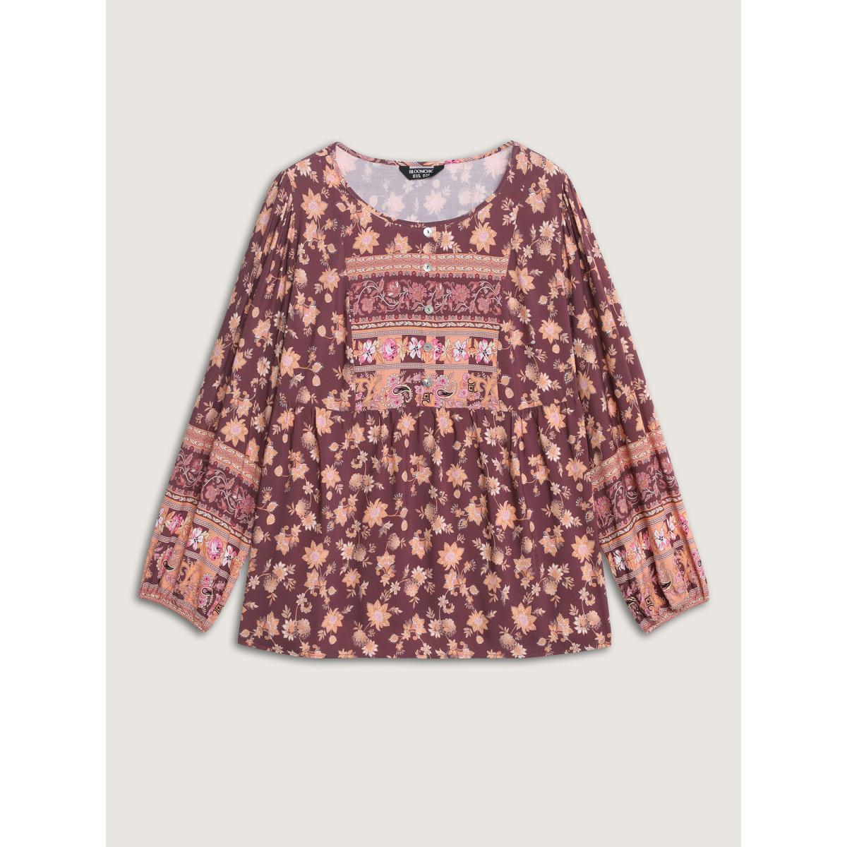 Plus Size Browncoffeecolor Floral Mixed Print Puffy Sleeve Blouse Women Boho Long Sleeve Round Neck Vacation Blouses BloomChic 28/5X Product Image