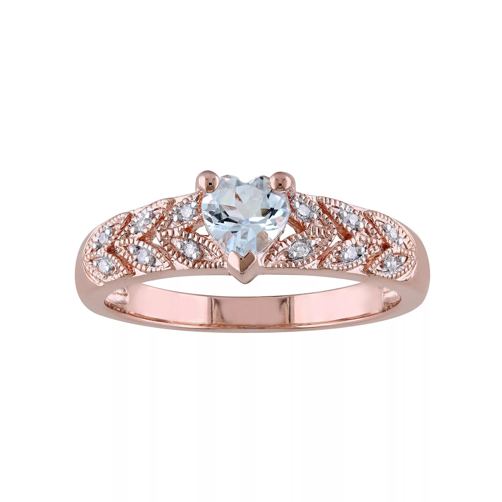 Stella Grace 18k Rose Gold Over Silver Aquamarine & Diamond Accent Heart Ring, Women's,  Product Image