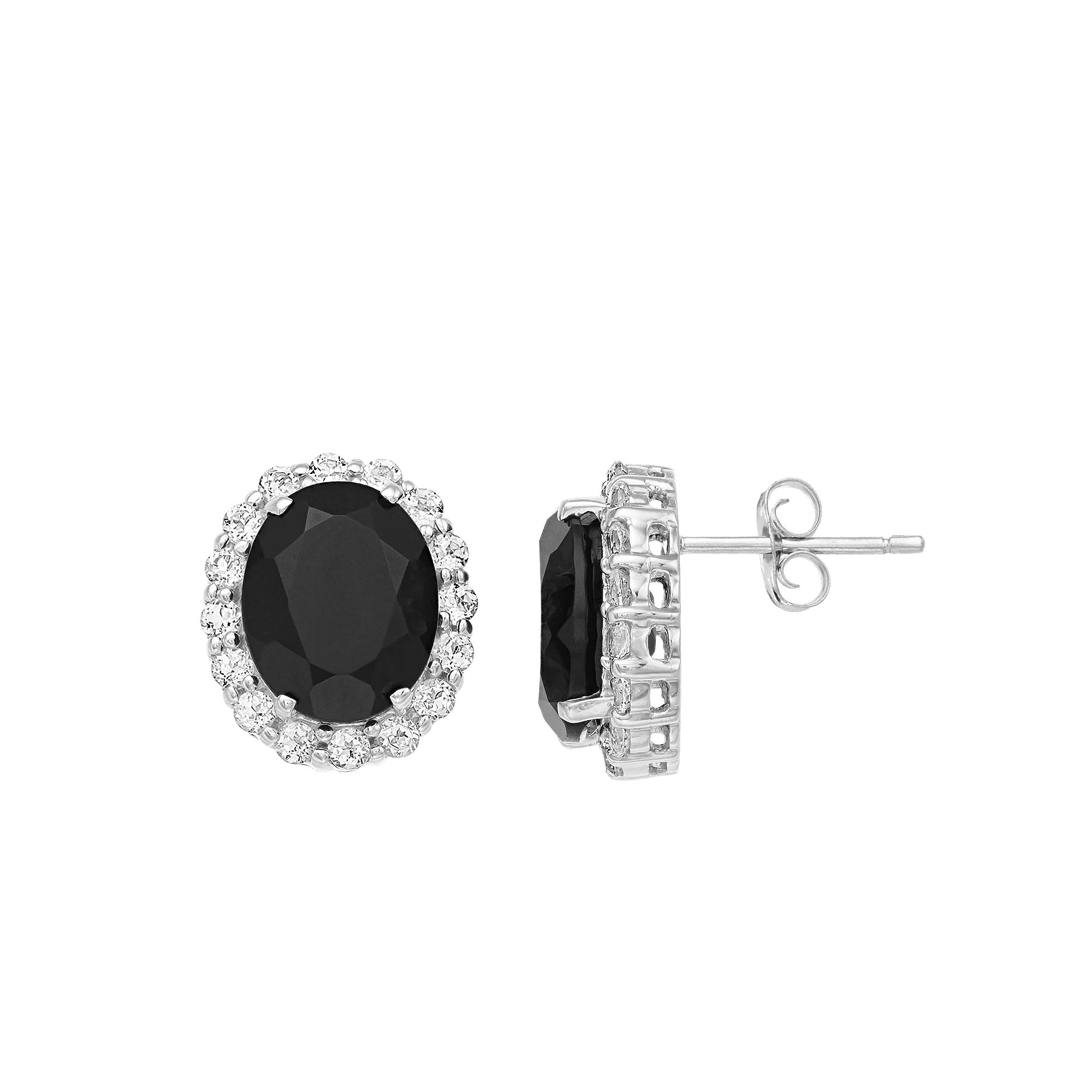 Gemminded Sterling Silver Onyx & White Topaz Oval Halo Stud Earrings, Women's Product Image