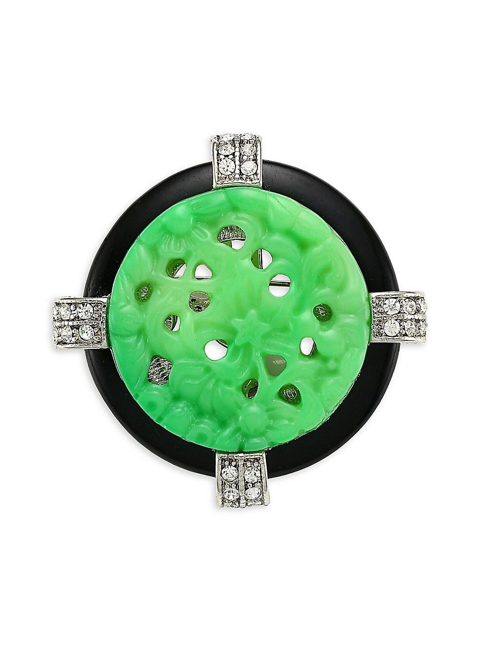 Womens Black & Jade-Color Carved Deco Brooch Product Image