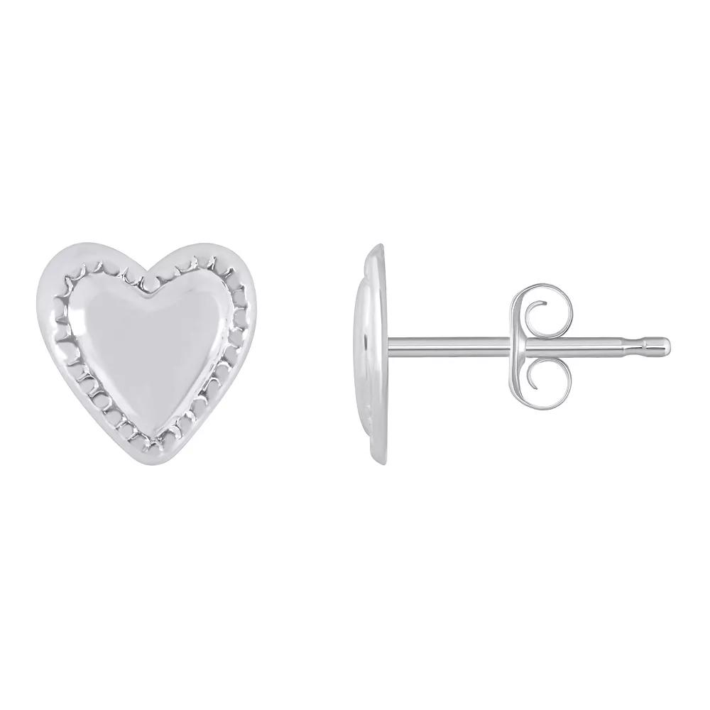 14k Gold Textured Edge Heart Stud Earrings, Women's, 14k White Gold Product Image