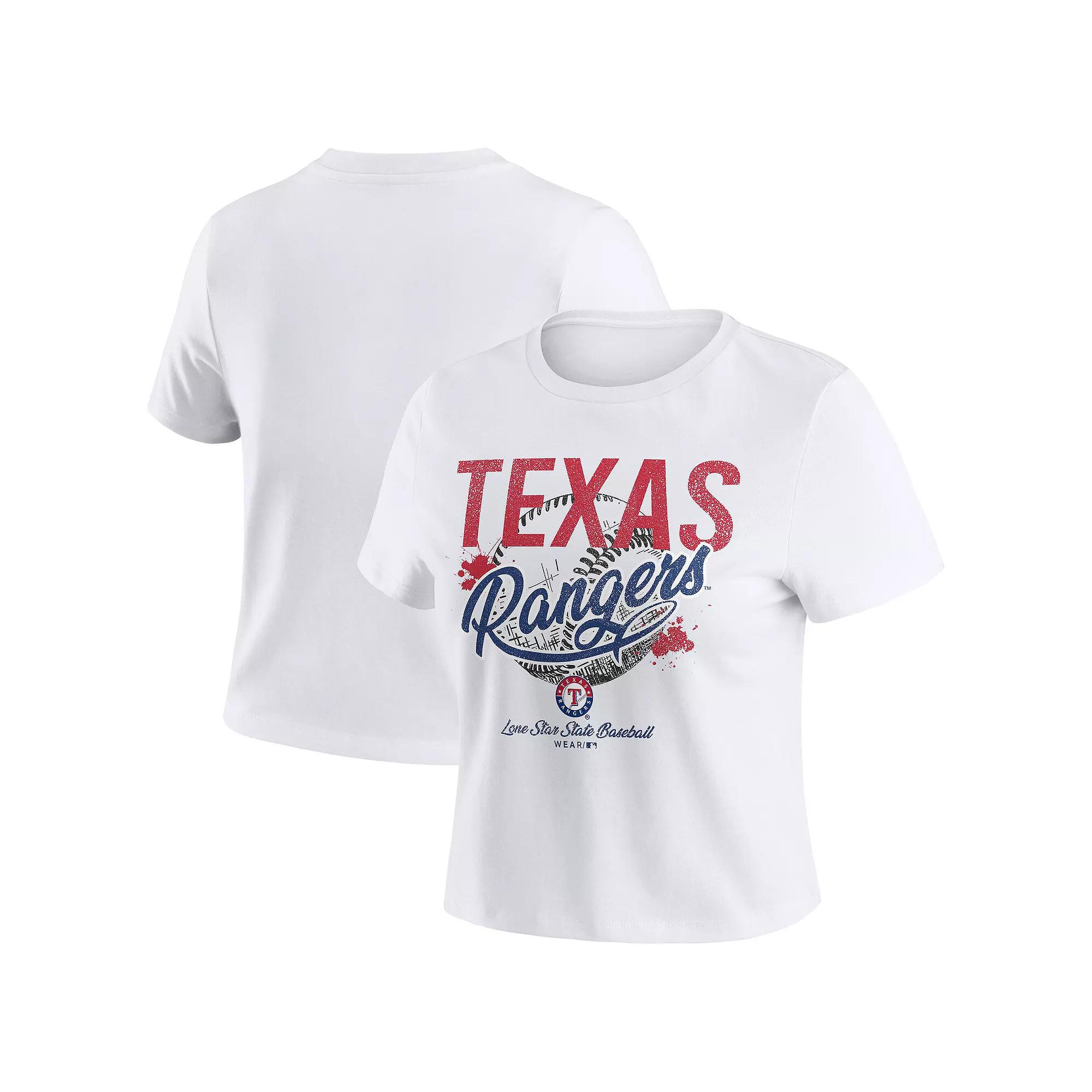 Women's WEAR by Erin Andrews  White Texas Rangers Distressed Cropped Baby T-Shirt, Size: Large Product Image