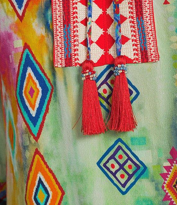 John Mark Embroidered Printed Split V-Neck 3/4 Cinched Sleeve Tassel Tie Front Tunic Product Image