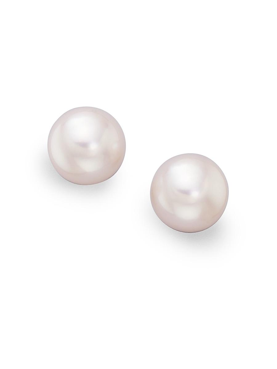 Womens 7.5MM White Cultured Akoya Pearl & 18K White Gold Stud Earrings Product Image