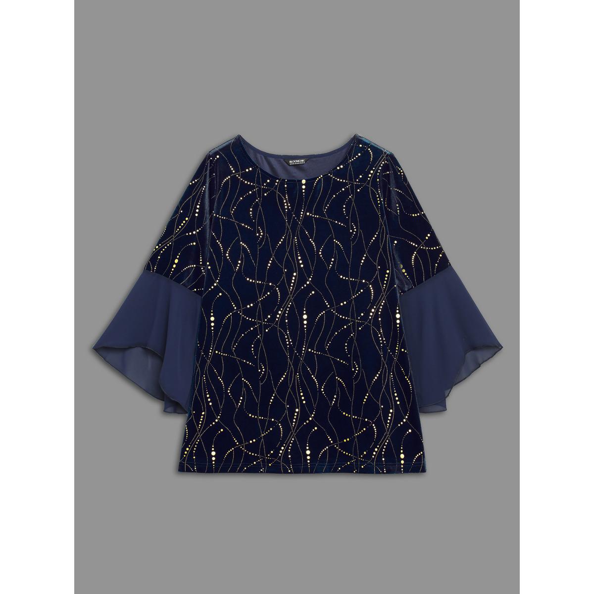 Plus Size Indigo Velvet Glitter Mesh Bell Sleeve Patchwork Blouse Women Cocktail Elbow-length sleeve Round Neck Party Blouses BloomChic 12/L Product Image
