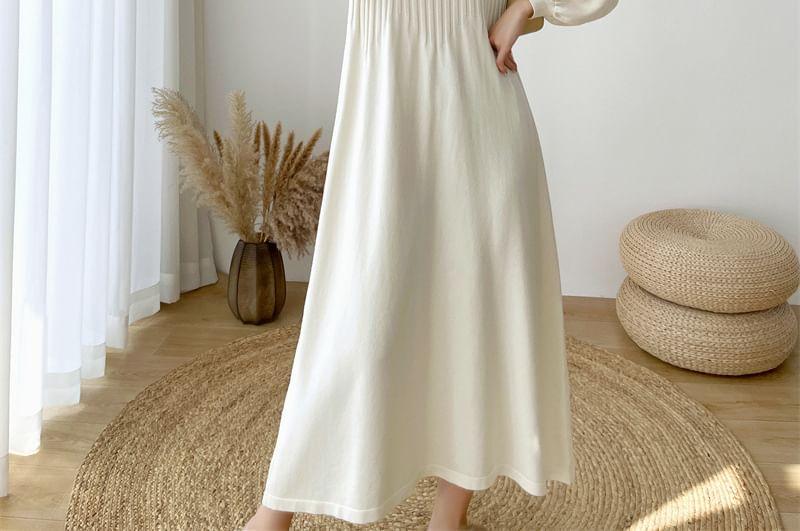 Maternity Long-Sleeve Notch Neck Plain Midi A-Line Knit Dress Product Image