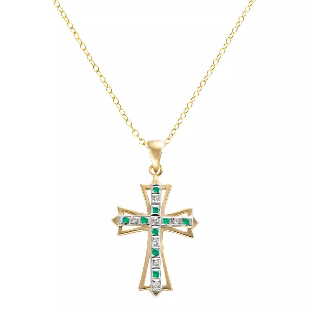 18k Gold-Over-Silver Emerald and Diamond Accent Cross Pendant, Women's, Yellow Product Image