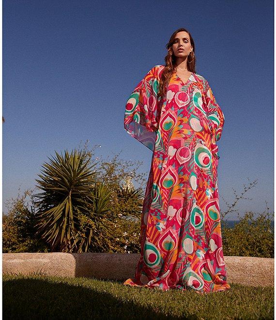 Trina Turk Salon Printed Crinkle Georgette V-Neck Long Sleeve Caftan Salon Maxi Dress Product Image
