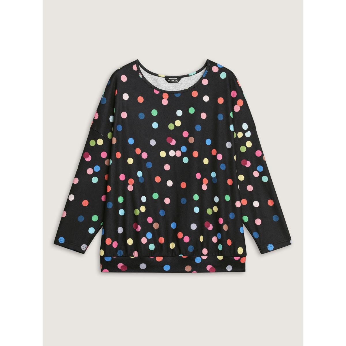 Plus Size Color Polka Dot Drop Shoulder T-Shirt Black Women Playful Contrast Round Neck Casual T-shirts BloomChic 28/5X Product Image