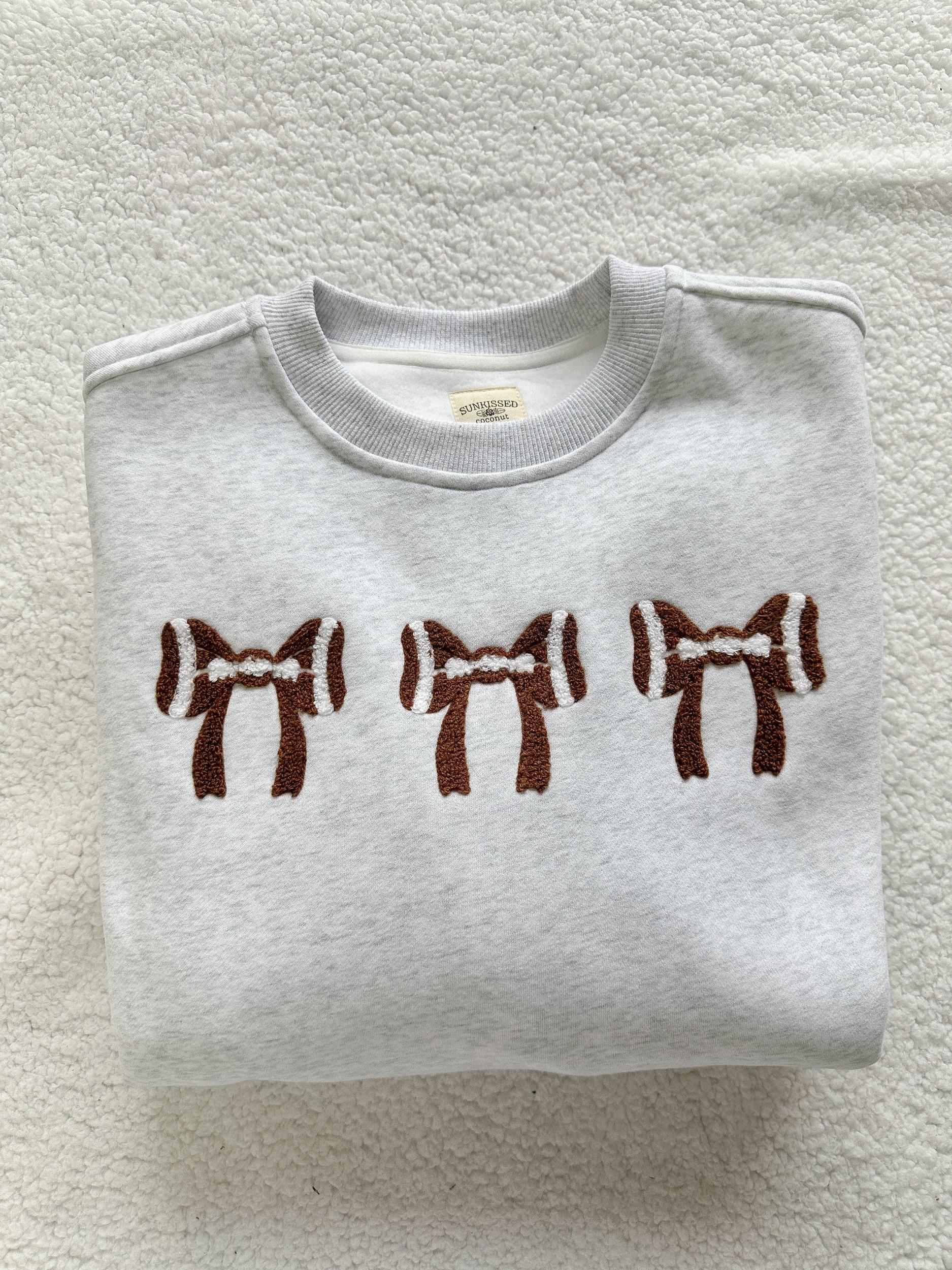 Pearl Grey Football Bows Game Day Embroider Sweatshirt Product Image