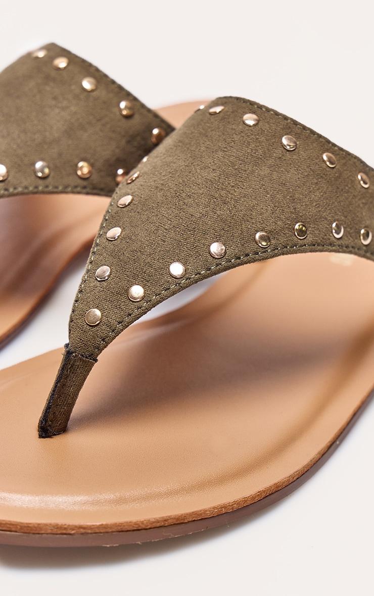 Olive Faux Suede Stud Detail Toe Thong Flat Sandals Product Image