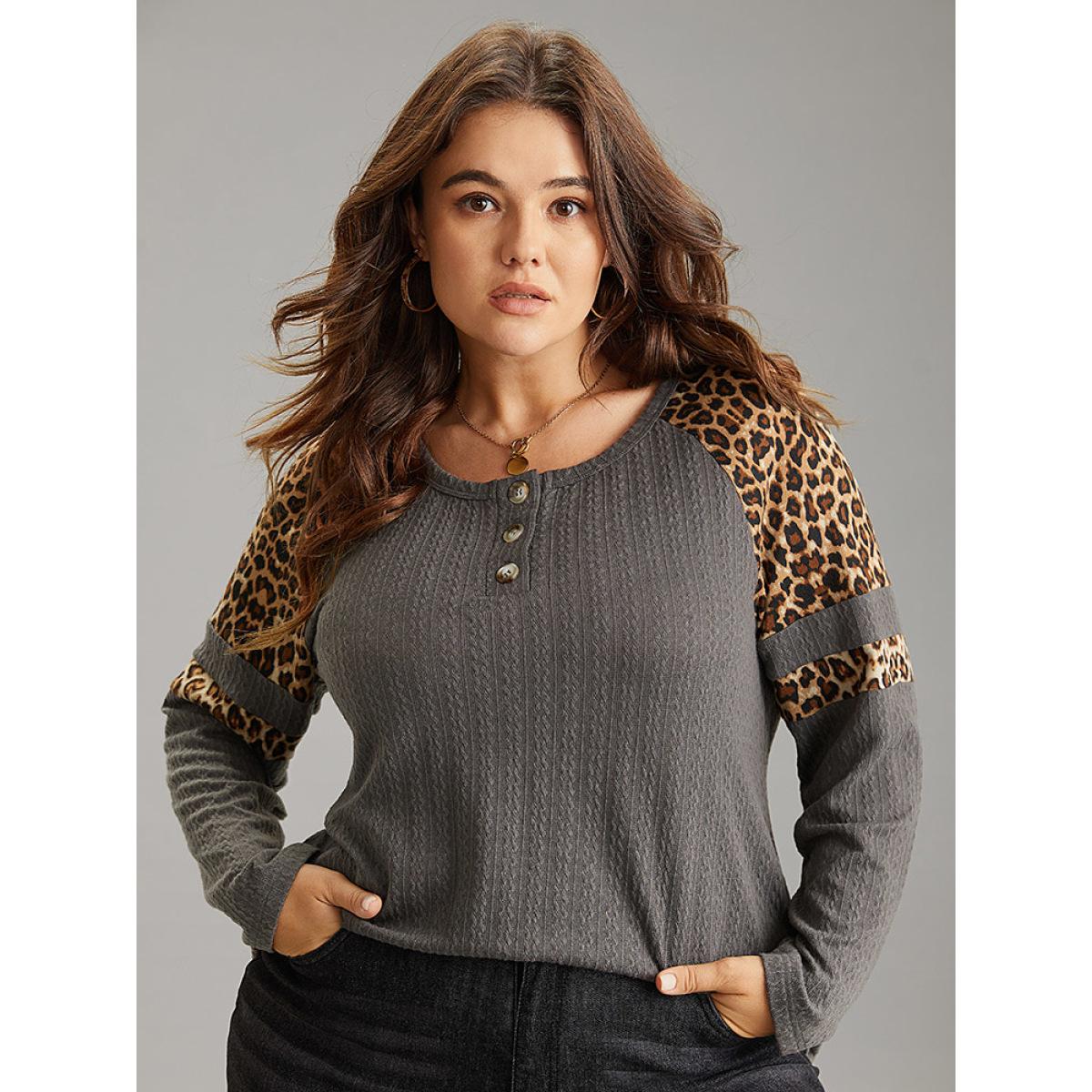 Plus Size Leopard Patchwork Contrast Jacquard T-shirt DimGray Women Casual Contrast Leopard Open Front Dailywear T-shirts BloomChic 10/M Product Image