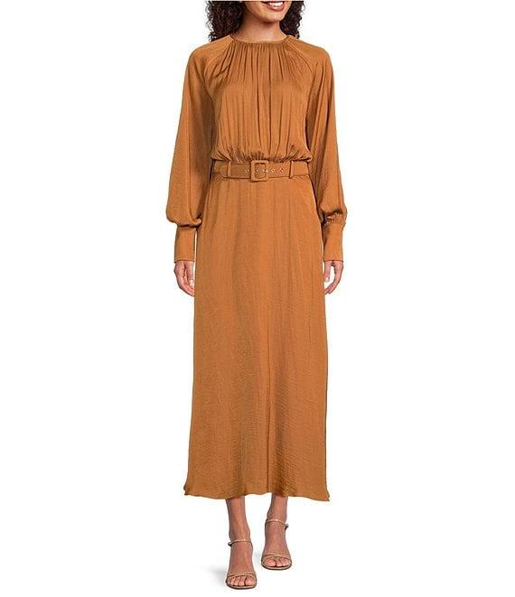 Gibson & Latimer Moonshadow Satin Ruched Crew Neck Long Sleeve Belted Blouson Maxi Dress Product Image