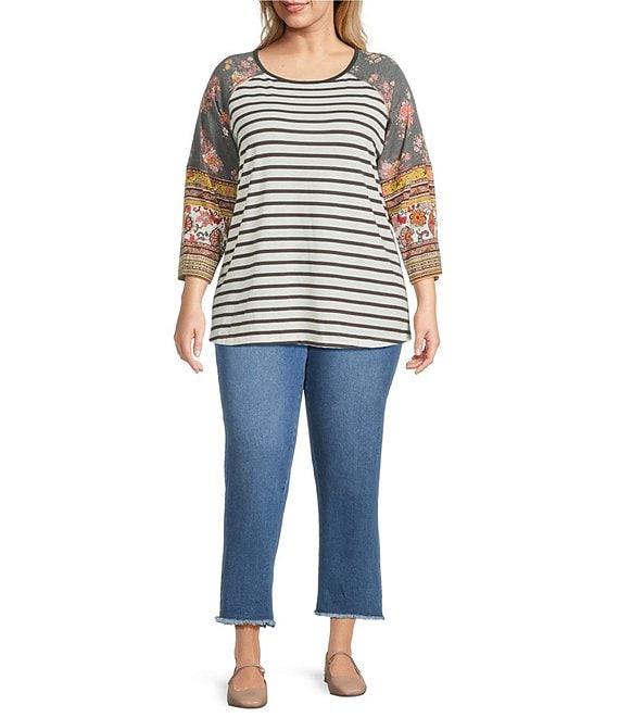 Multiples Plus Size Slub Knit Multi Printed Scoop Neck 3/4 Raglan Sleeve Top Product Image