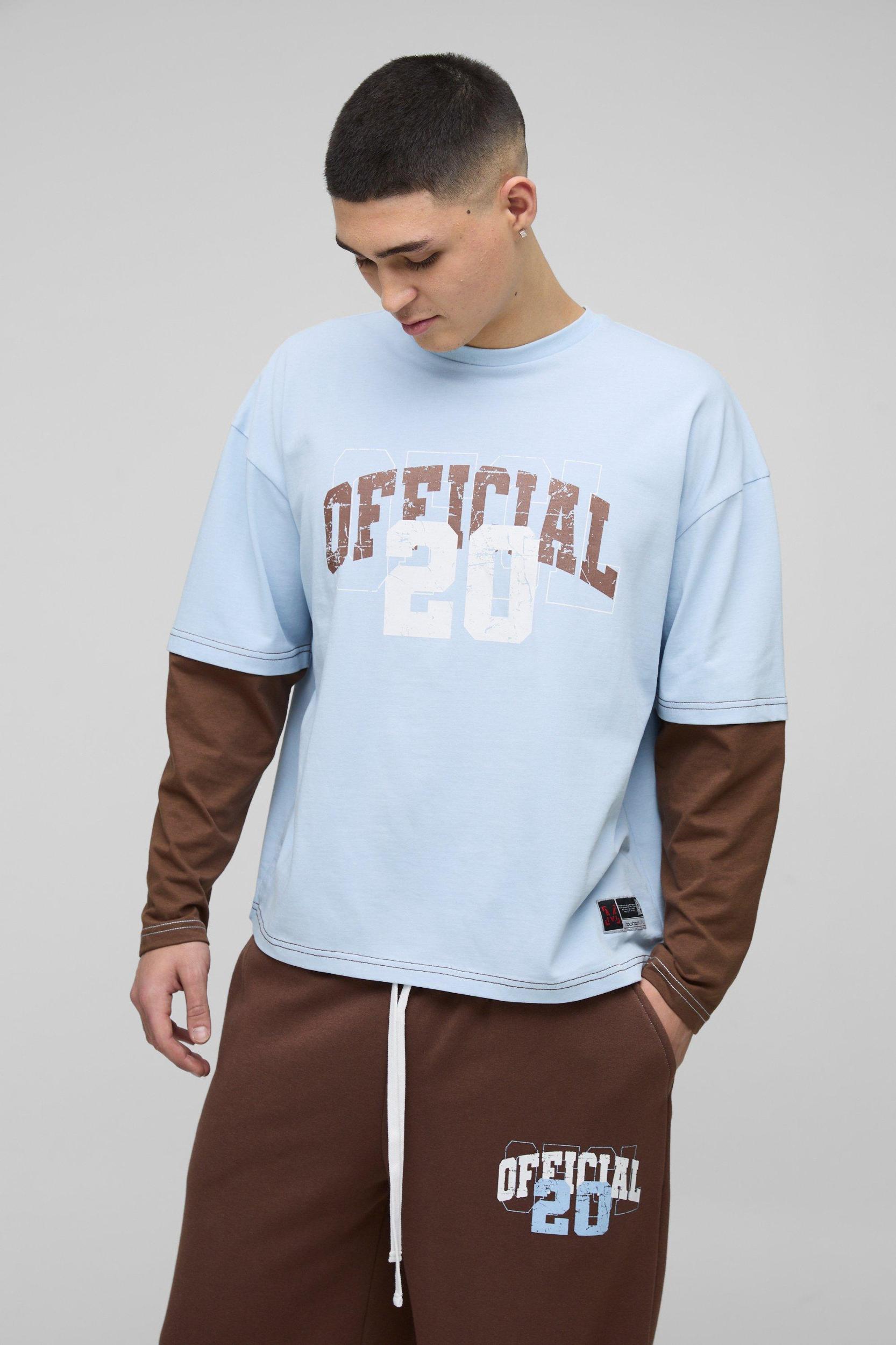 Oversized Boxy Faux Layer Varsity Print T-Shirt Wide Leg Sweatpants Set | boohooMAN USA Product Image