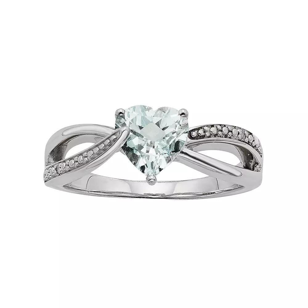 Lab-Created Aquamarine and Diamond Accent Sterling Silver Heart Bypass Ring, Womens Blue Product Image