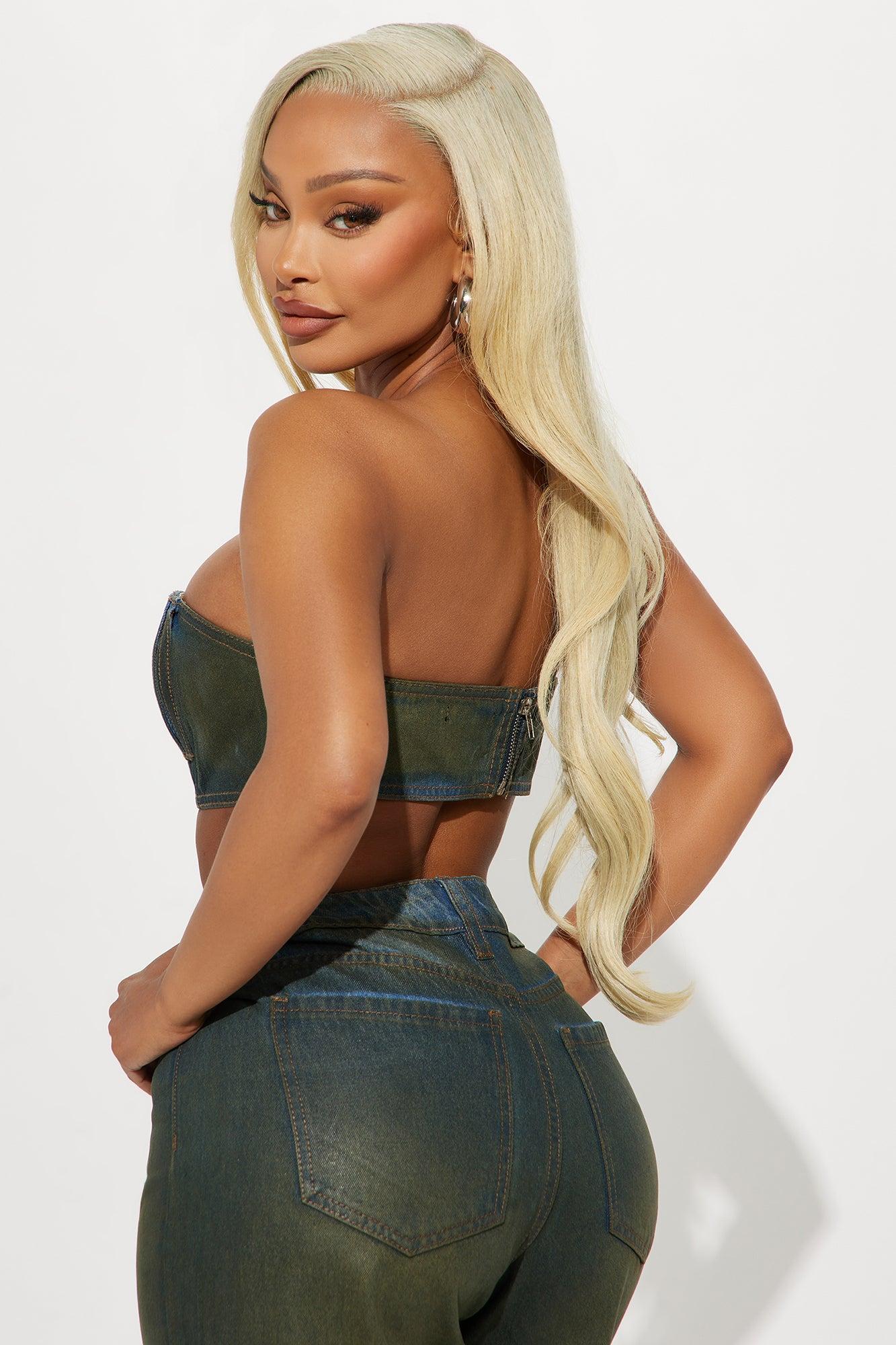 Switch Up Coated Denim Bandeau Top - Olive Product Image