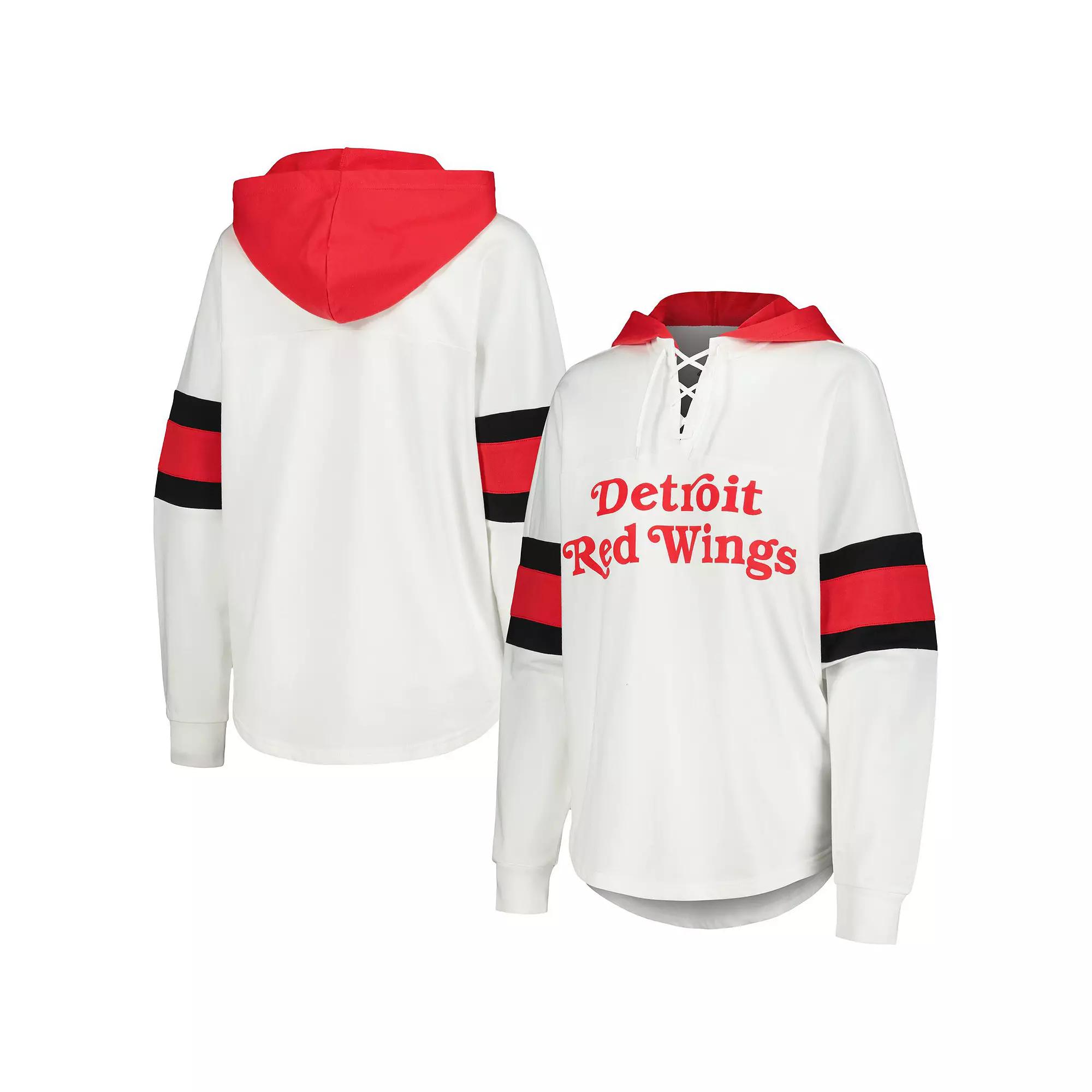 Women's G-III 4Her by Carl Banks White/Red Detroit Red Wings Goal Zone Long Sleeve Lace-Up Hoodie T-Shirt, Size: 2XL Product Image