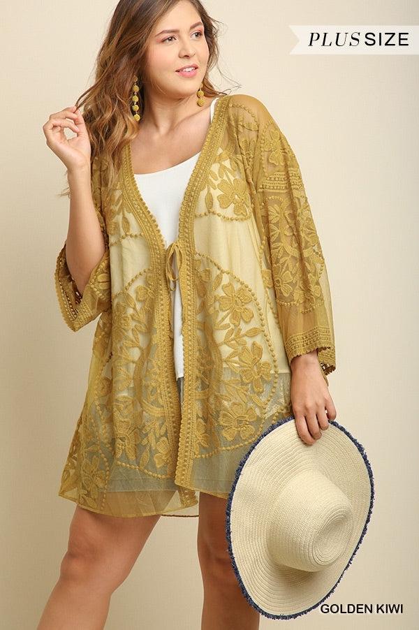 1136   ReeAnn Floral Lace Kimono w/ Waist Tie - Reg & Plus Product Image
